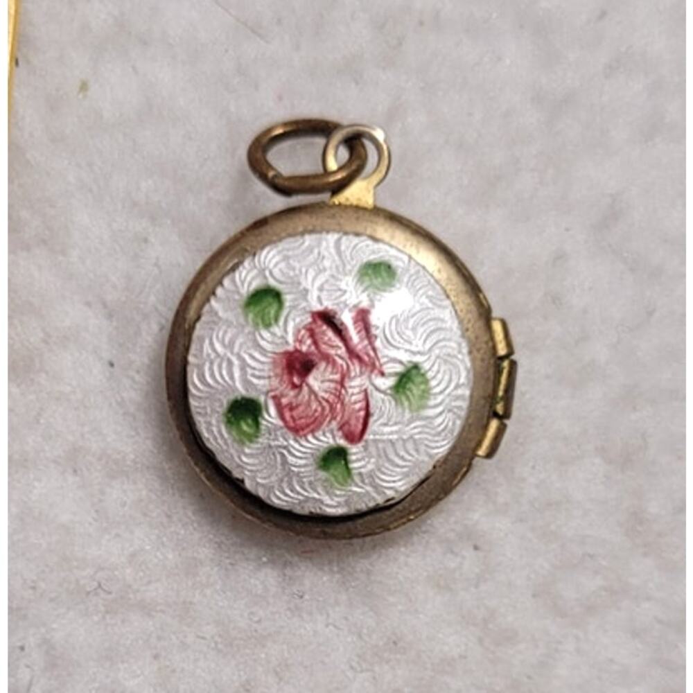 Vintage Antique Tiny 1/2" Guilloche Enamel Rose Floral Miniature Locket Pendant